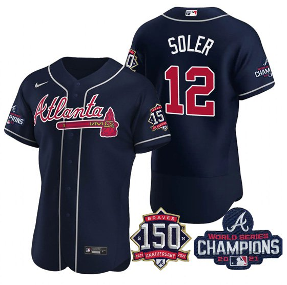 Men's Atlanta Braves #12 Jorge Soler 2021 Navy World Series Champions With 150th Anniversary Flex Base Stitched Jersey Men's Atlanta Braves #12 Jorge Soler 2021 Navy World Series Champions With 150th Anniversary Flex Base Stitched Jersey